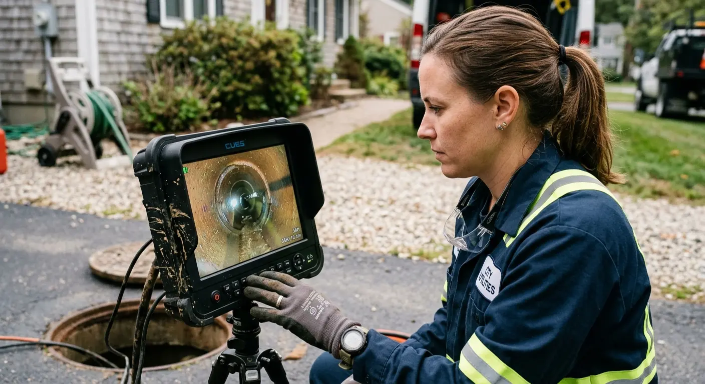 Technician reviewing sewer camera inspection footage in Litchfield
