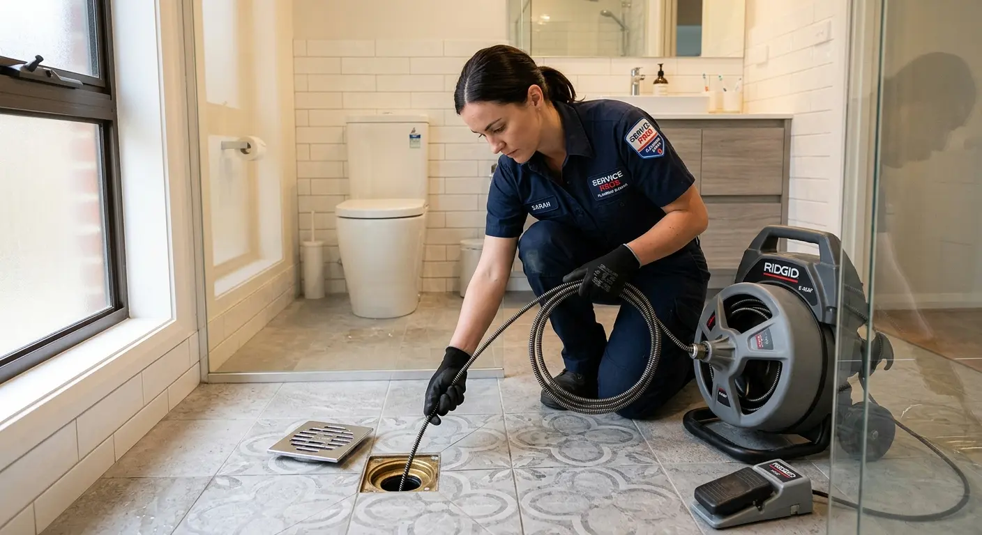 Technician clearing a bathroom floor drain for Sewer Line Replacement in Litchfield